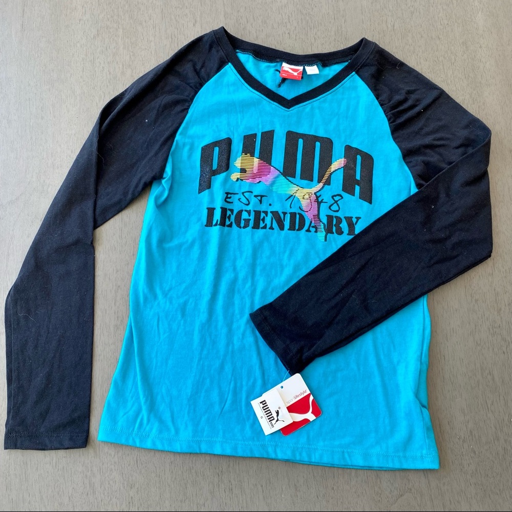 PUMA Kids Raglan Sleeve Turquoise Black Contrast Color Top New Size Large